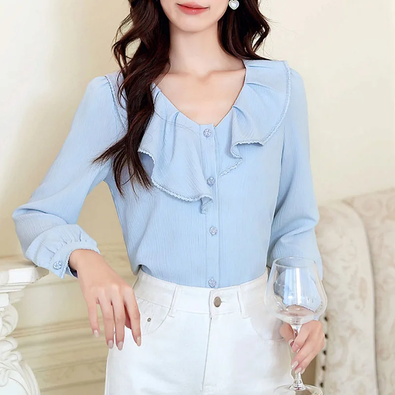 

Women Shirt Blouse Fashion Long Sleeve V-Neck Ruffles Chiffon Shirt Blouse Women Tops Blouses Shirts Blusas Para Mujer 2025 Q813