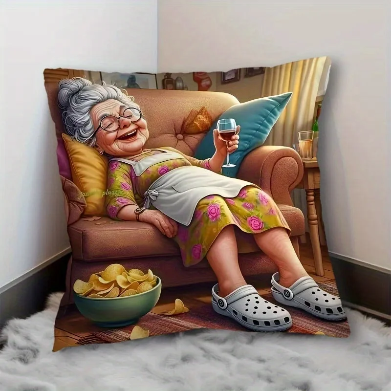 1pc Cartoon Happy Grandma Themed Printed Throw Pillow Cover, Suitable for Sofa, Bedroom, Living Room, a Fun Gift for Seniors.