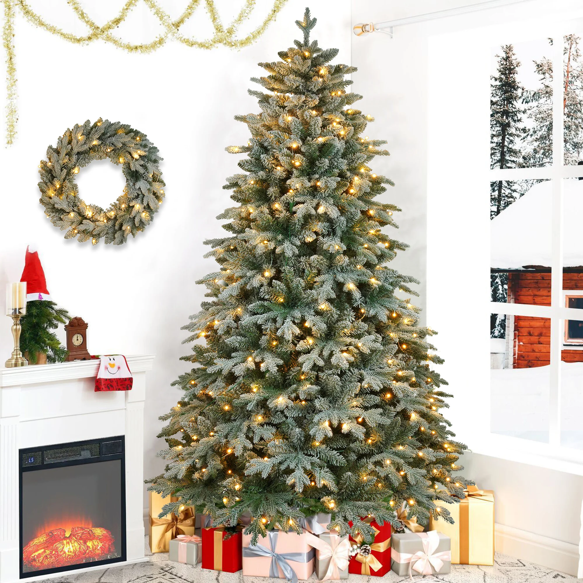 

Christmas Tree Holiday Decoration Creative Decorated Trees 7ft Lighted Artificial Christmas Tree with Wreath Set of 2