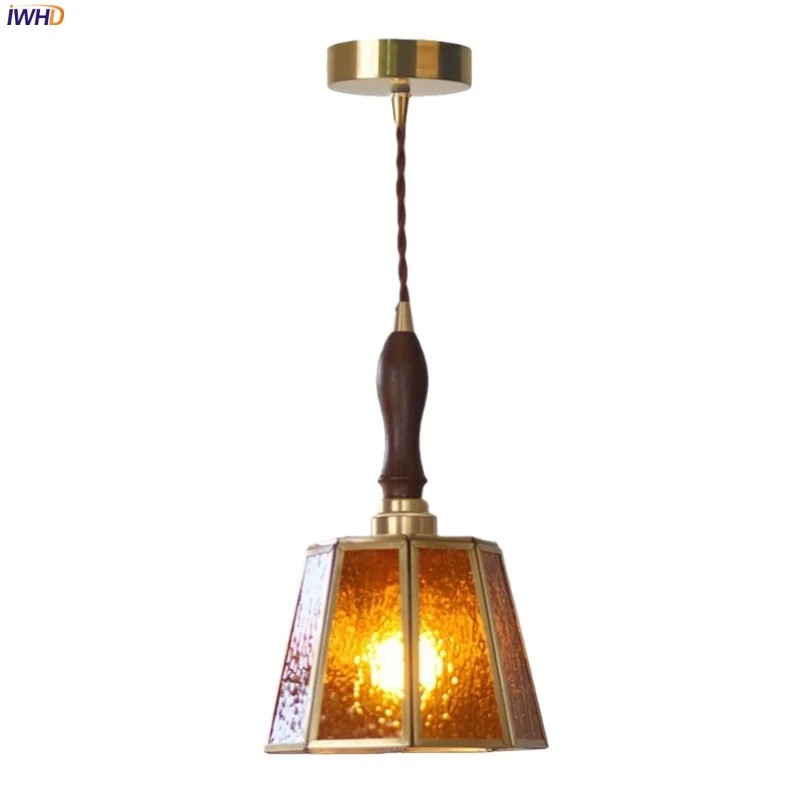 

IWHD American Vintage LED Pendant Lamp Living Room Decoration Bedroom Home Lighting Amber Glass Copper Pendant Light Luminaire