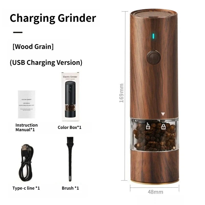 B Wooden Color Electric Salt and Pepper Grinder USB Rechargeable Adjustable Coarseness Refillable Mills Spice Pepper Grinders image 6