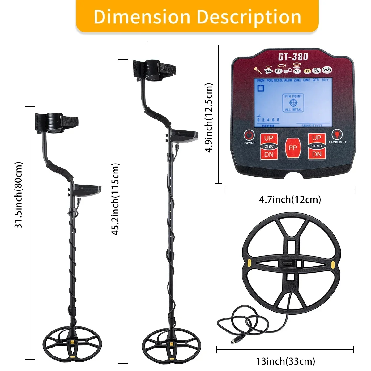 Treasure Hunter GT380 13inch Coil Metal Detector Professional Underground Waterproof Gold Detector Pinpointer High Sensitive