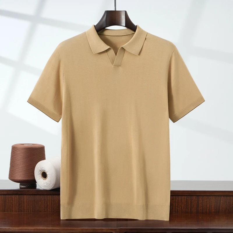 100% Lyocell Men's Seagull Collar Casual Short Sleeve Knitted Tops Solid Color Male Oversized  Polo Shirt Clothing M-4XL