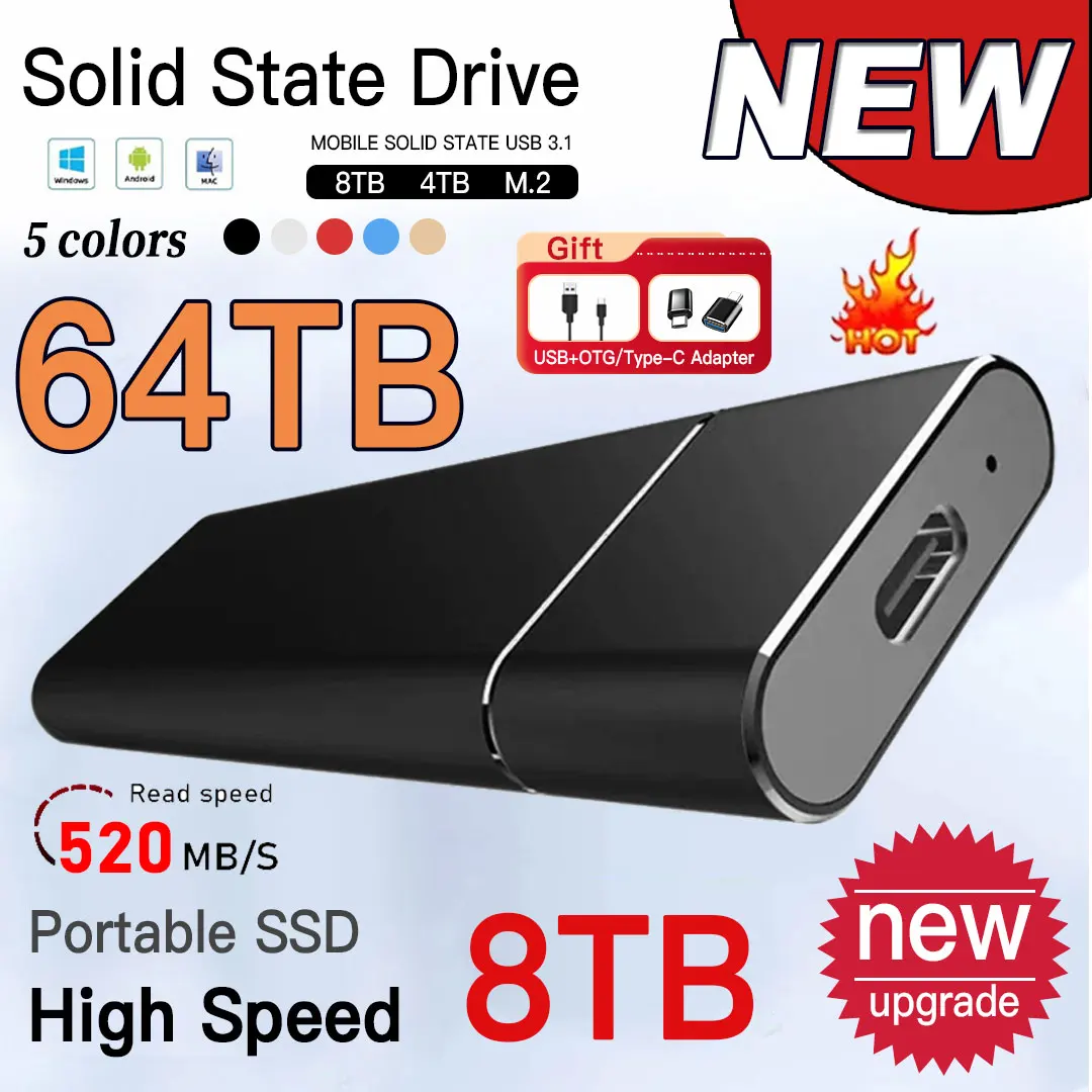 

Portable SSD 1TB/2TB External Solid State Drive USB 3.1/Type-C Hard Disk High-Speed Storage Device For Laptops/Desktop/Mac/Phone