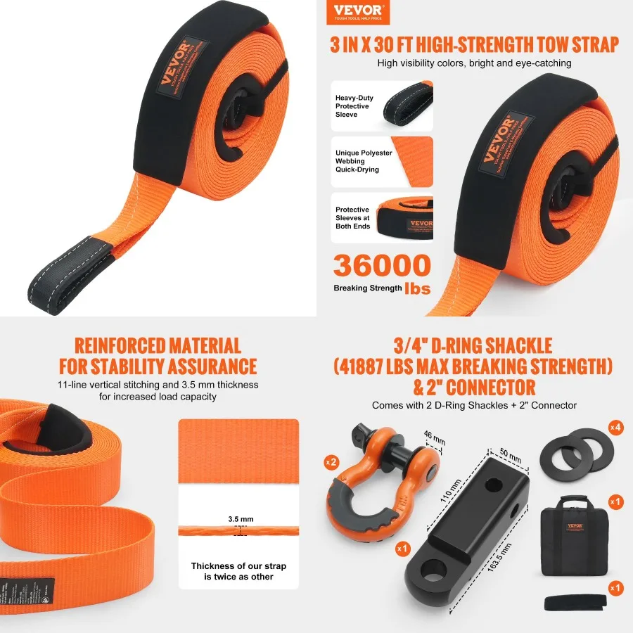 

VEVOR Polyester Heavy Duty Tow Strap Recovery Kit 3" x 30 ft MBS36 000 lbs Winch Strap Triple Reinford Loop Snatch Strap + 2" S