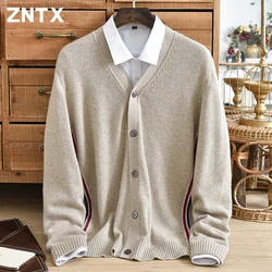 Winter pure cashmere cardigan men's double stranded thick contrasting button V-neck striped simple casual jacket Korean style