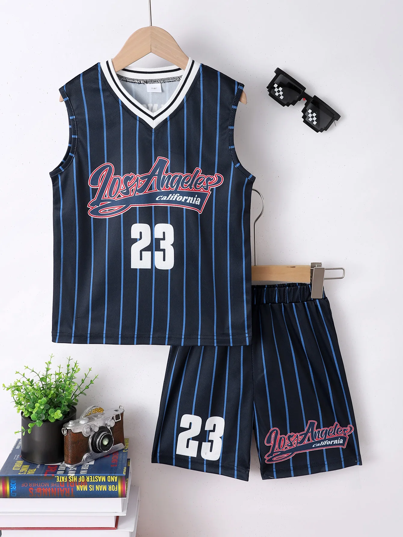 Boys' Large Stripe Number 23 Printed Basketball Vest And Shorts Set Summer Outdoor Fashion Sports Outfit for Kids