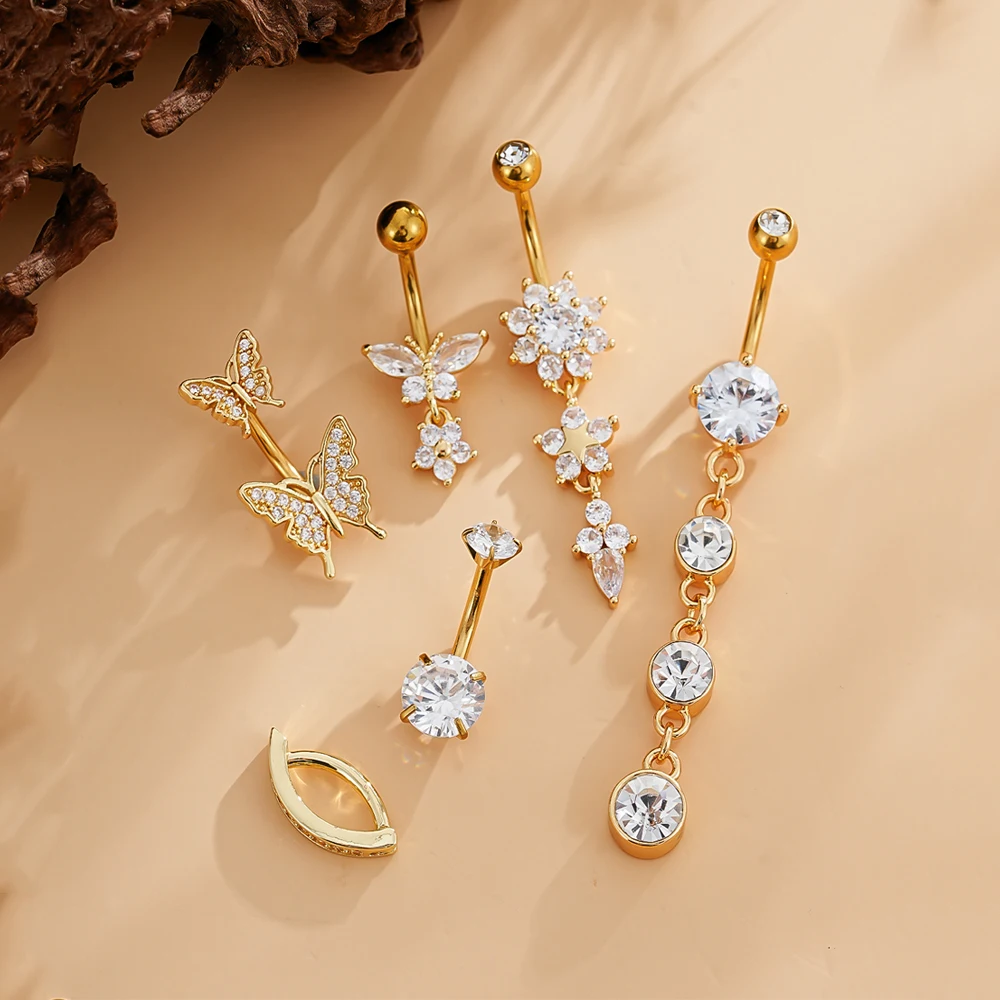 3-8pcs/lot Mixed-Style Belly Button Ring Sets Long Dangled Curved Navel Piercing Nombril Ombligo Women 14G Butterfly Belly Rings