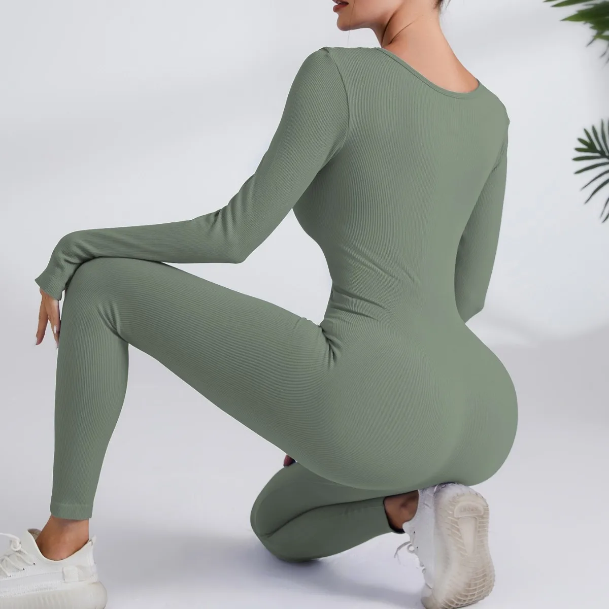 

Осенне-зимний длинный цельный костюм для йоги с резьбой, женские быстросохнущие цельные штаны для йоги с длинными рукавами для бега и фитнеса