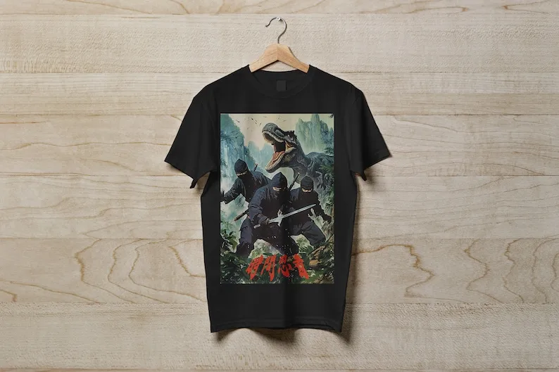 Time Ninjas | Vintage Chinese Sci-Fi Action Movie Poster T-Shirt, Dinosaur Samurai T-Rex Maximalist Graphic Tee