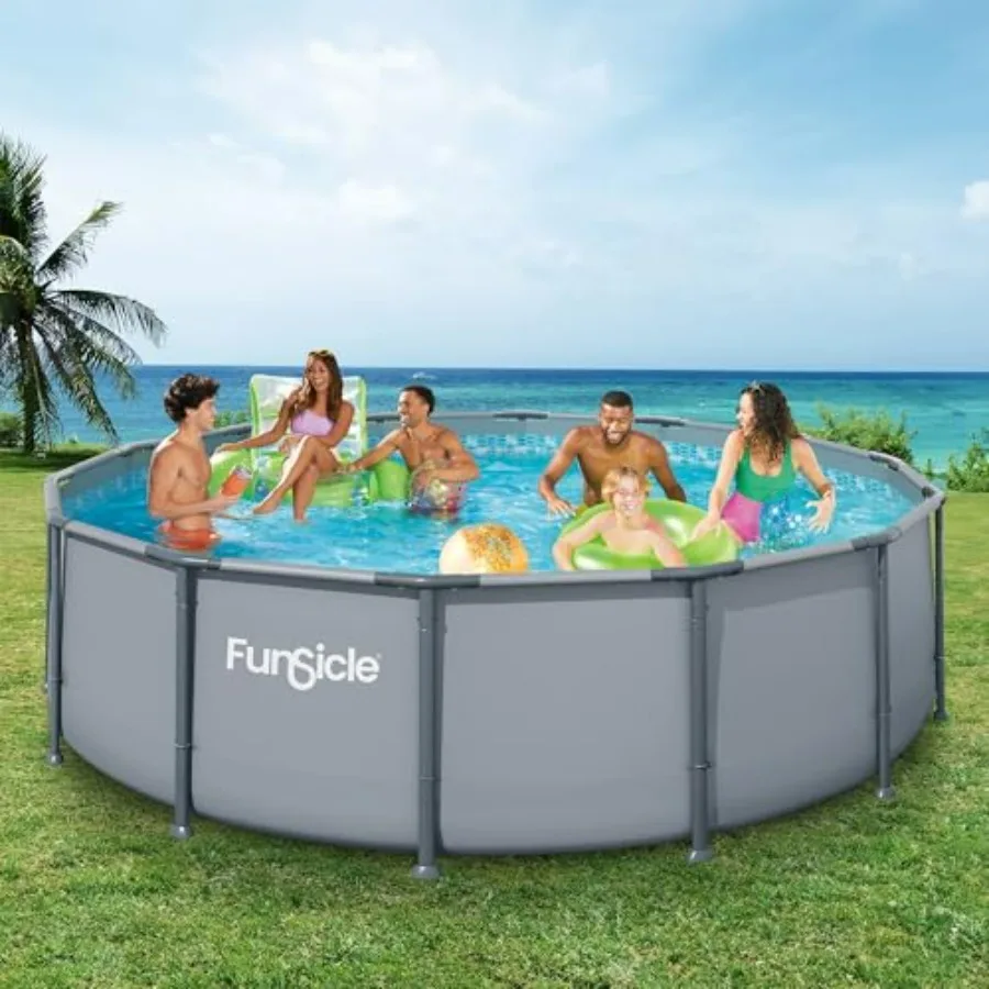 Above ground swimming pool for backyard use, cool gray vinyl material, round 14' x 42 design with FiltraBoost 1200 GPH filter p