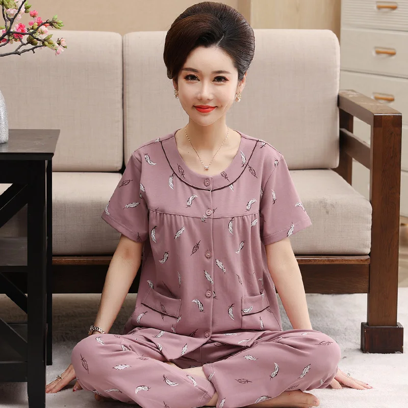 Women O-Neck Cardigan Nightwear Suit Summer Short Sleeve Long Pants Pajamas Stretch Cotton Casual Homewear Print Pijamas Mujer