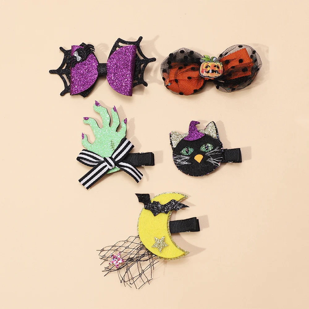 5Pcs/set Halloween Baby Girl Hair Clips Fully Lined Hairpin Spoof Ghost Ghoul Witch Alligator Clip Funny Halloween Accessories