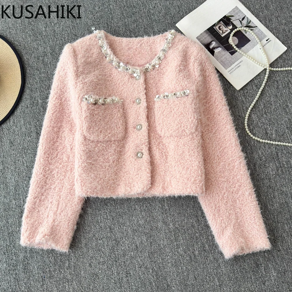 KUSAHIKI French Pearl Round Neck Korean Style Jacket for Women Short Parka Coat New Thick Top