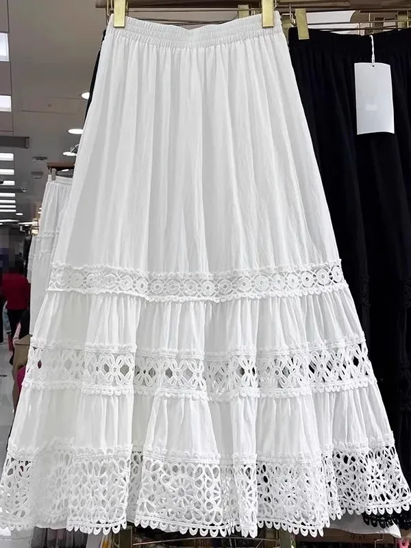 

plus Size Heavy Embellishment Hollow out Splicing Skirt Women's Summer Slimming Long Skirt Elastic Waist Korean Style