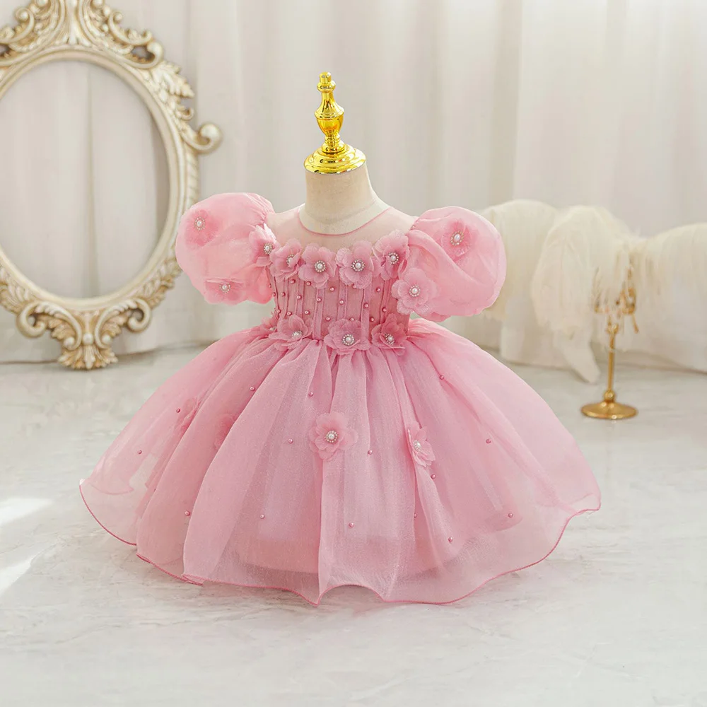 Baby Girl Princess Dress Puff Sleeve 3D Floral Tulle Baptism Gown Infant Birthday Party Skirt Wedding Formal Dress 1-4Y