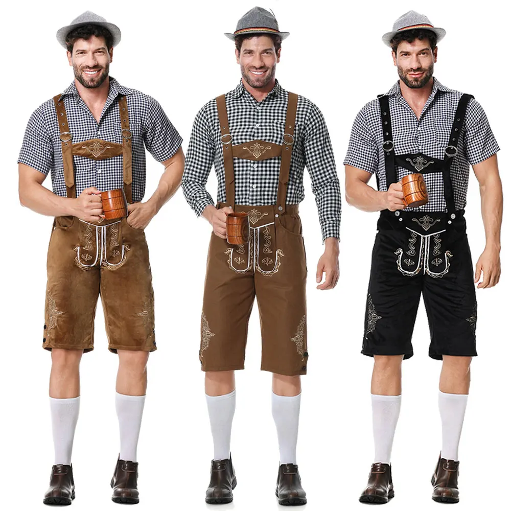 

Male Oktoberfest Costumes 3pcs Set Bavarian Plaid Shirt and Suspenders Lederhosen Cosplay Bavarian Oktoberfest Costume