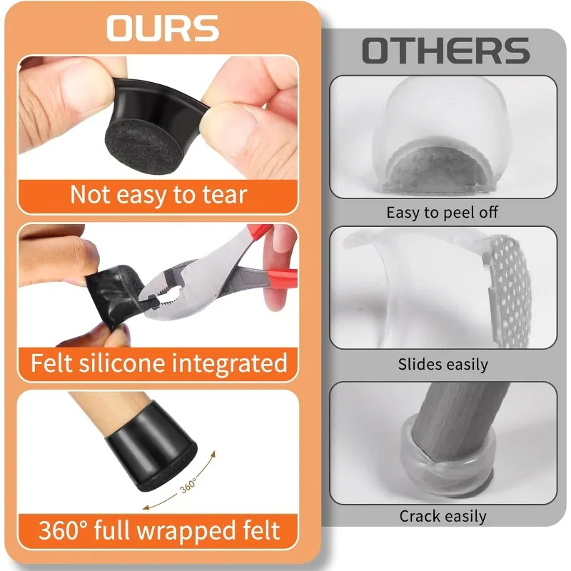 Silikon-Stuhlbeinkappen, extra klein (16 Stück) – Filzboden für Hartholzböden, Geräuschreduzierung und Kratzschutz, Schwarz