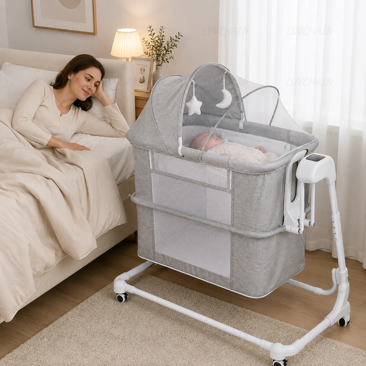 Lit bébé électrique/berceau portable pour nouveau-né ; doté d'angles réglables, de connectivité Bluetooth et d'une fonction minuterie ; amovible et lavable.