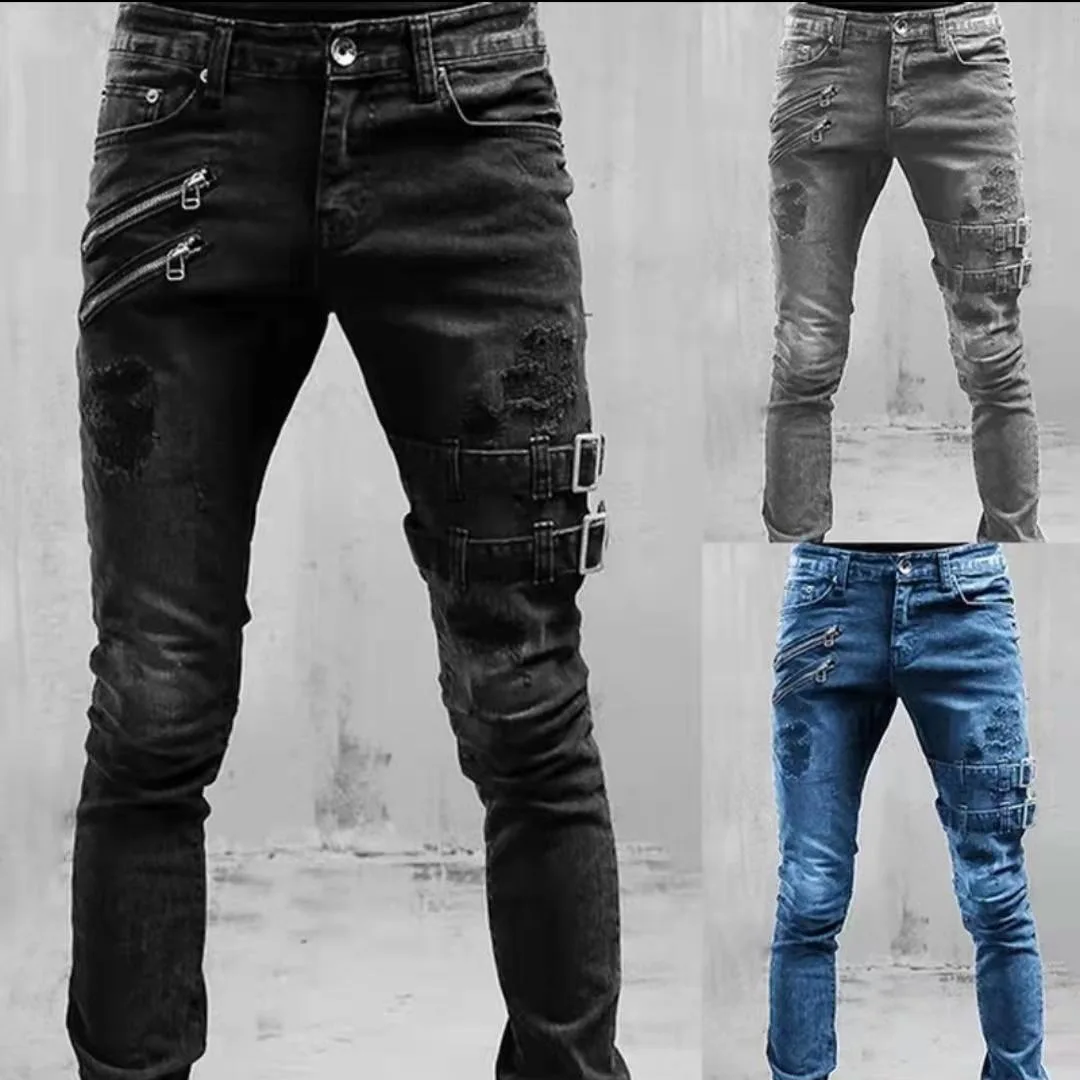 

Men's Motorcycle Style Skinny Jeans Ripped Hole Worn out Cross-Border Wish Personalized Trendy Denim Jeans mid Waist Zipper C...