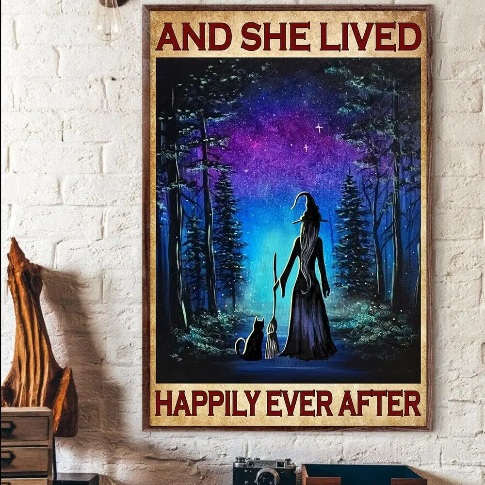 Vintage Metal Tin Sign Witch and She Lived Happily Ever After Witches Witchcraft Magic Cat Moon Tin Sign Vintage Metal Signs for