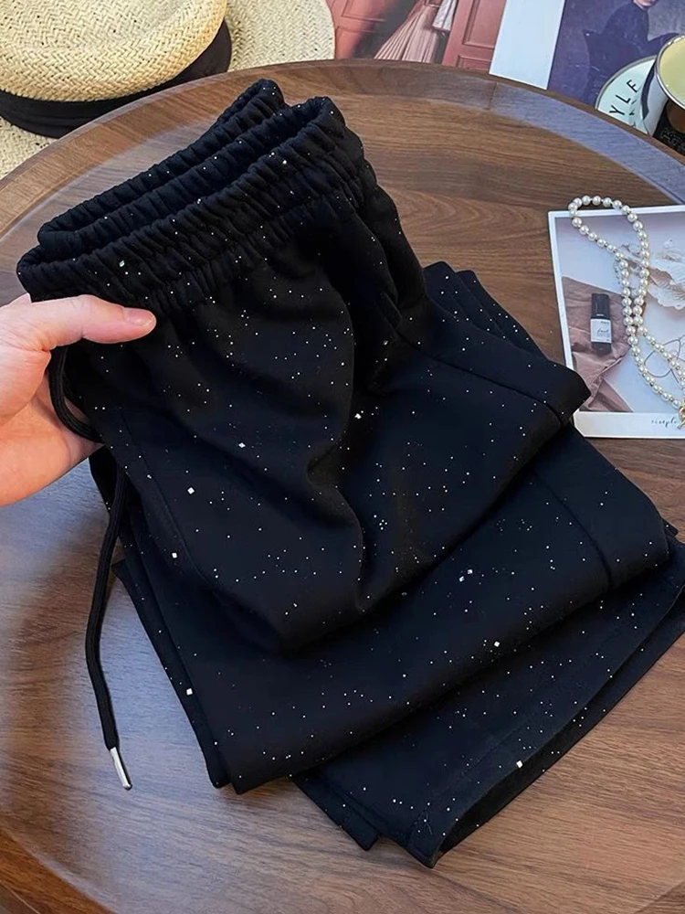 أنيقة واسعة الساق السراويل النساء عالية الخصر السراويل الكورية غير رسمية الربيع فضفاضة الإناث الدانتيل يصل موضة Sweatpants السوداء