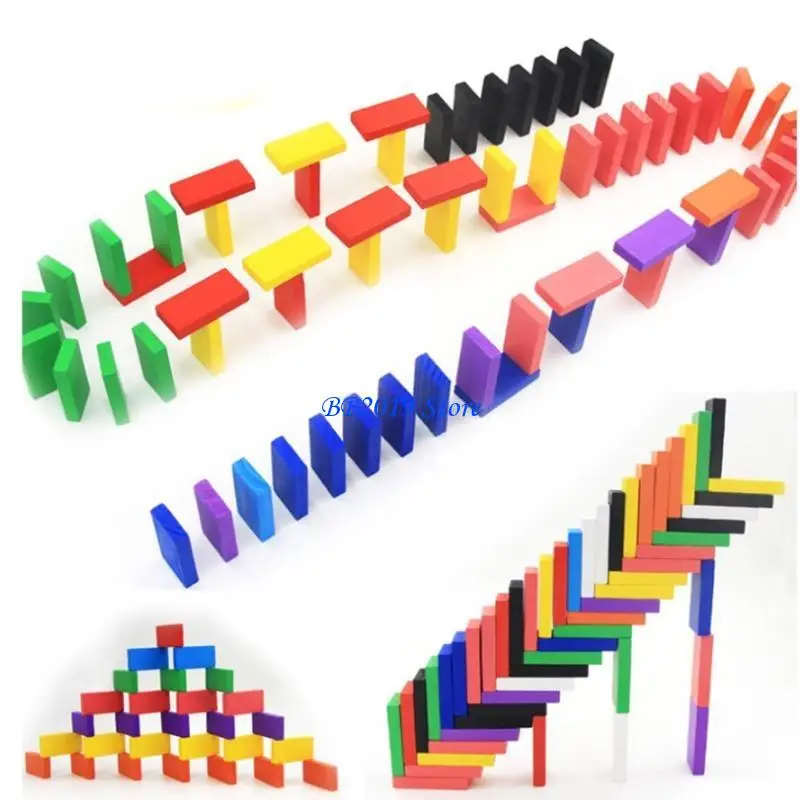 Q0KB 120 Pieces Dominoes Set for Kids Wooden Building Blocks 12 Colors Dominoes Racing Tile Games Educational Toy for Kids