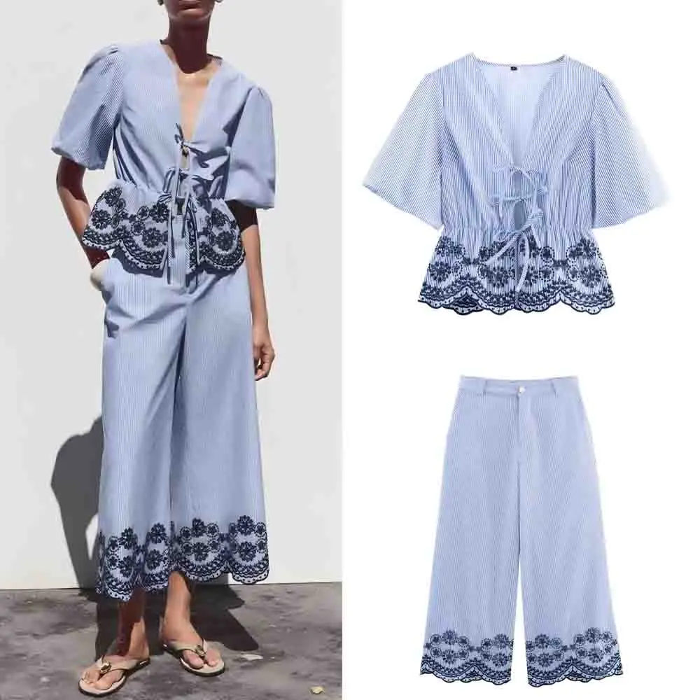 

Women's New fashion bow Lace up decoration vacation style embroidery striped top short sleeved women's shirt chic top+Pants suit
