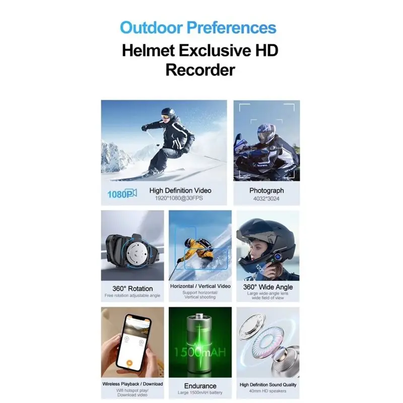 Motorcycle Helmet Headset Camera 1080P Stereo Bluetooth