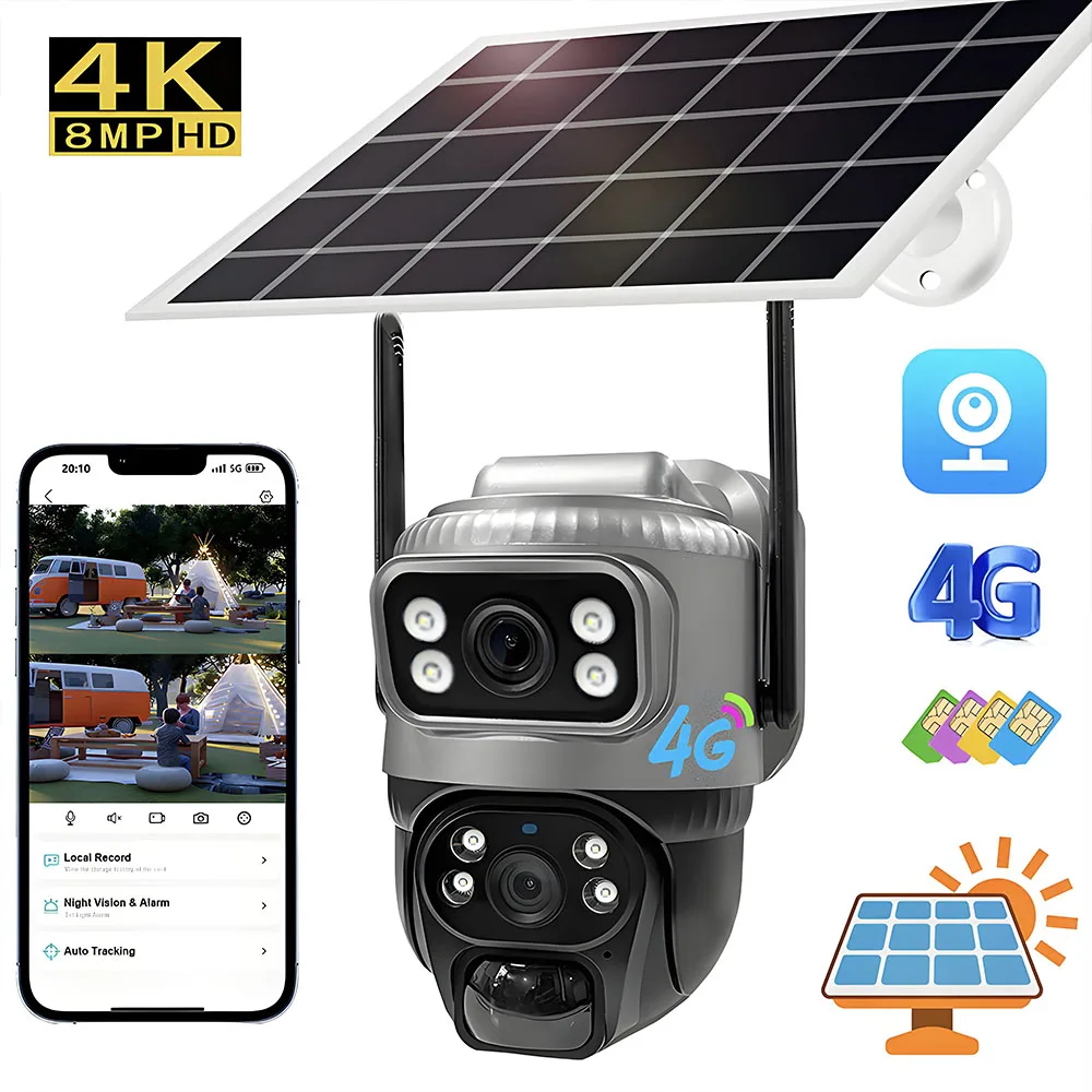 Telecamera solare esterna Dual Lens 8MP 4G SIM IP 8000mAh batterie videosorveglianza Wireless V380 protezione di sicurezza 360 CCTV