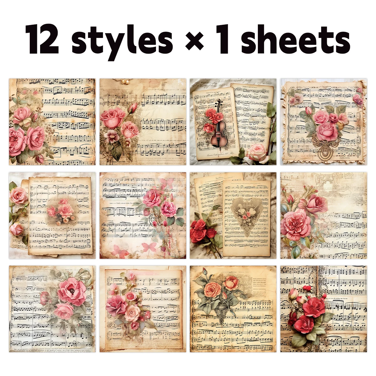 12 Stück Vintage Melody Valentinstag Bastelpapier-Musikblatt-Design, für DIY-Geschenkpapier, Sammelalbum, Hochzeitsdekoration und Geschenke mit Liebesmotiv