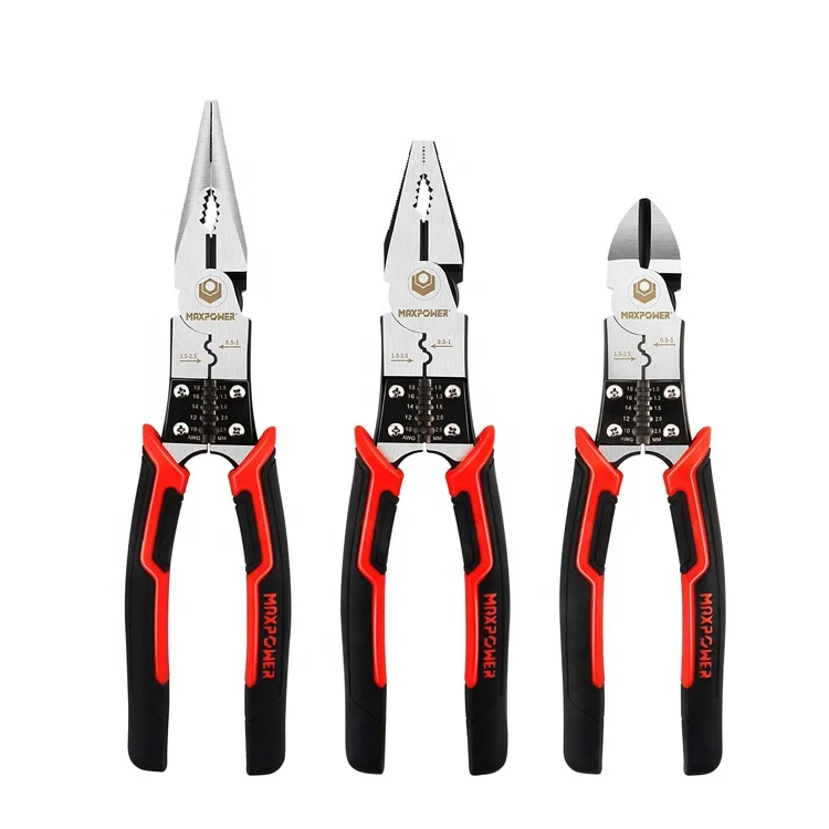 MAXPOWER 3Pcs Pliers Set, 5 in 1 Multifunctional Long Nose Pliers Wire Stripper Crimper Cutter