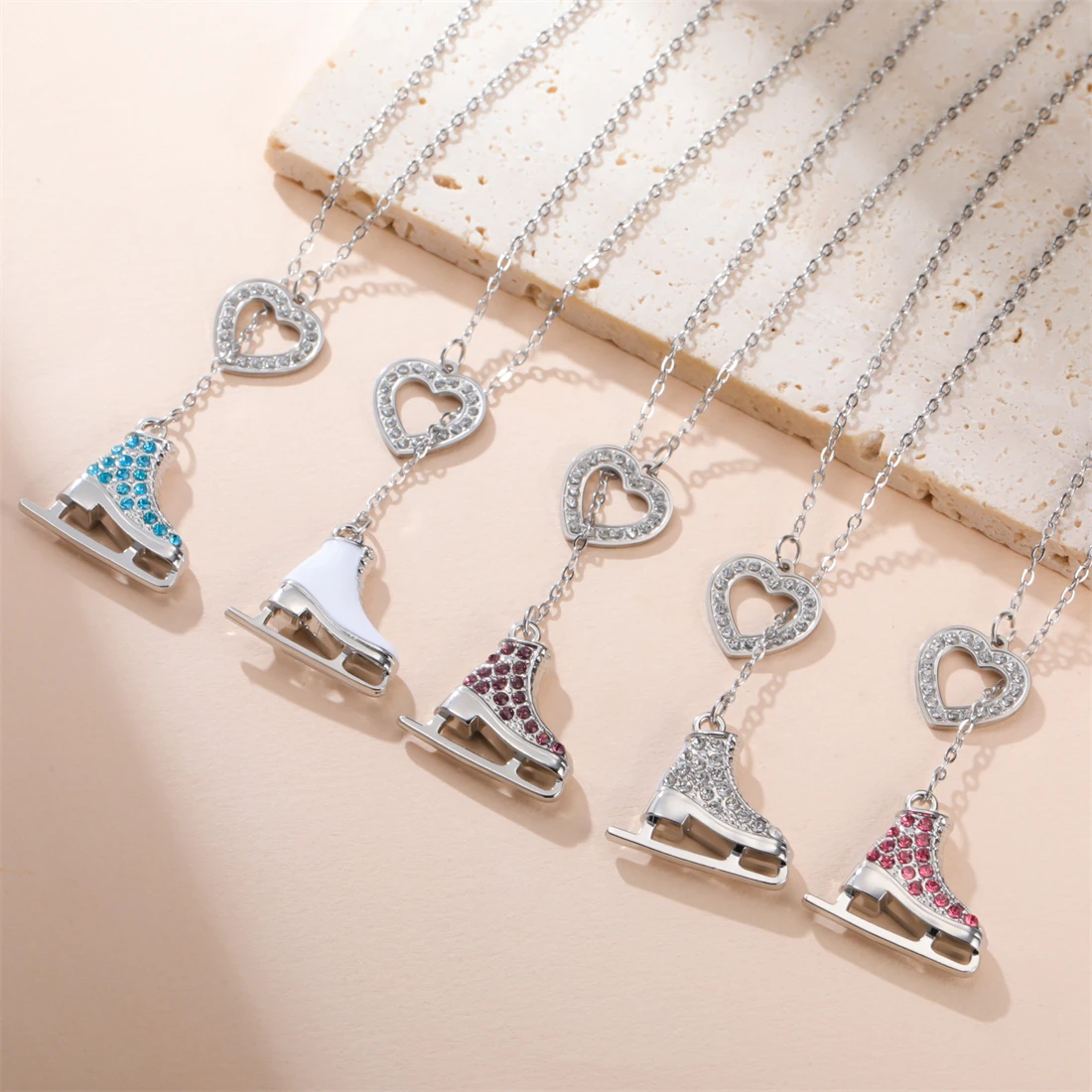 Enamel Ice Skates Shoes Pendant Necklace for Women Men Rhinestones White Skating Shoes Necklaces Sport Jewelry Gift