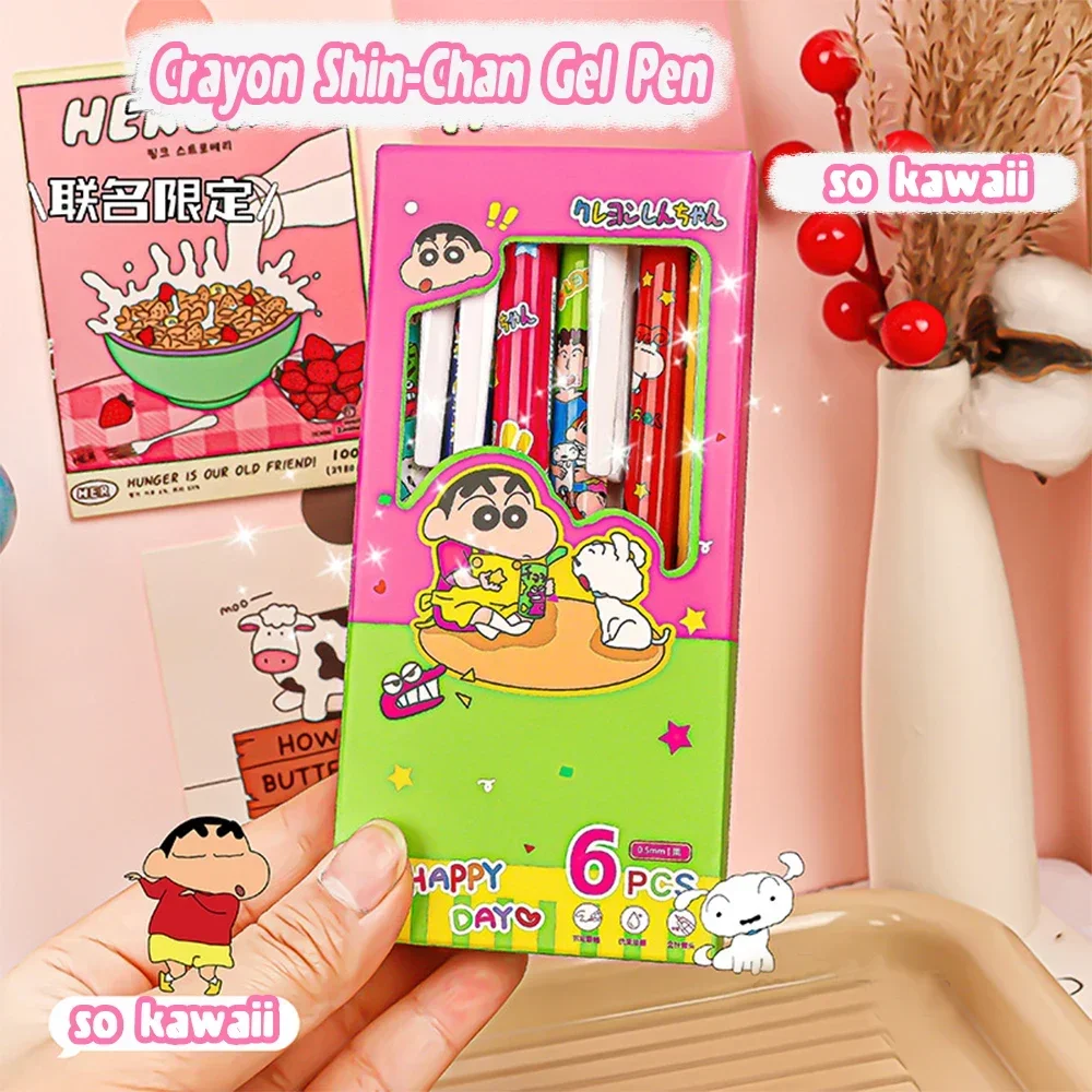 6Pcs/Set Kawaii Crayon Shin-Chan Gel Pens Set Cute 0. 5mm Black Pen Cartoon School Student Stationery Supplies Gift