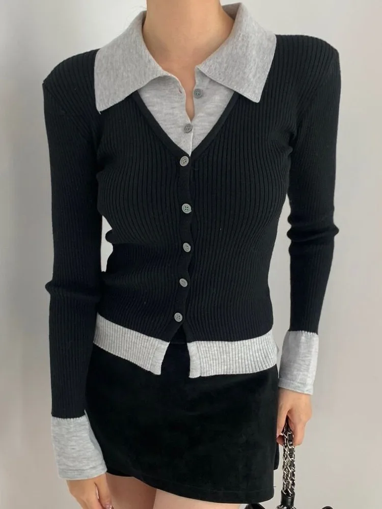 Korean Style Knitted Long Sleeve Collared Open Cardigan Women's Inner Wear Top Autumn New Design Color Block Fake Two-Piece