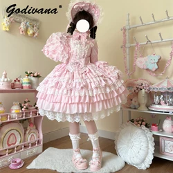 Sweet Cute Girls Lolita Dress Set Gorgeous Flower Marriage Princess Lace Bow Jsk Suspender Dress Flare Sleeve Shirt Women Outfit