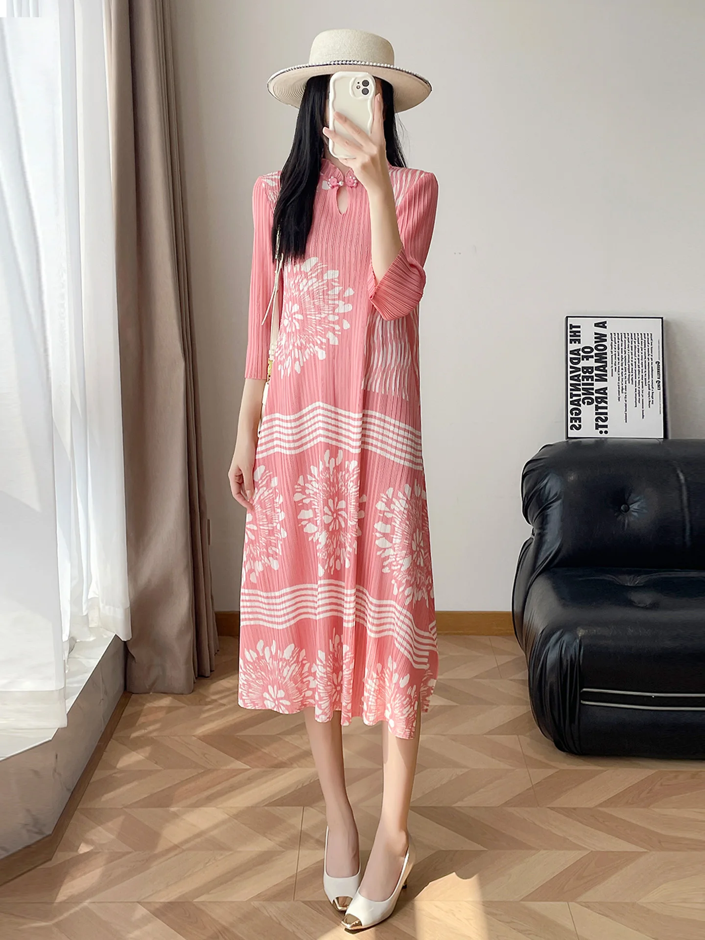 

Elegant Pink Floral Print Dress Women's Fashionable Midi Length Stand Collar Seven Sleeve Slimming Atmosphere Skirt