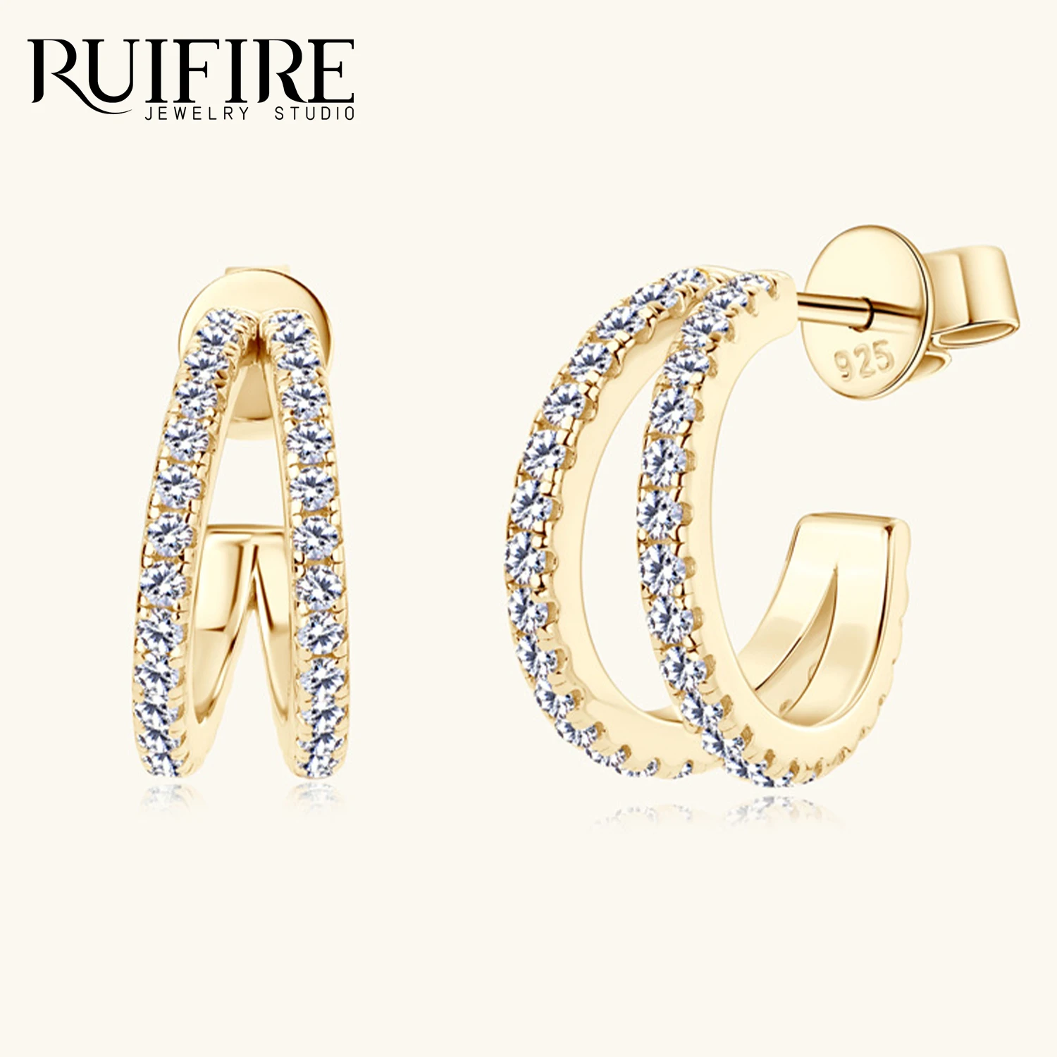 

RUIFIRE S925 Sterling Silver Double Layer C Shaped Hoop Earrings Pave Moissanite Needle Stud Earrings For Women Jewelry Gift