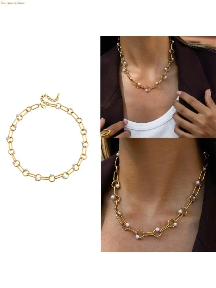 Q5WE Stylish Pearls And Hollow Chain Necklace Versatile Jewelry Piece Fashion Neckchain For Women Every Age Group