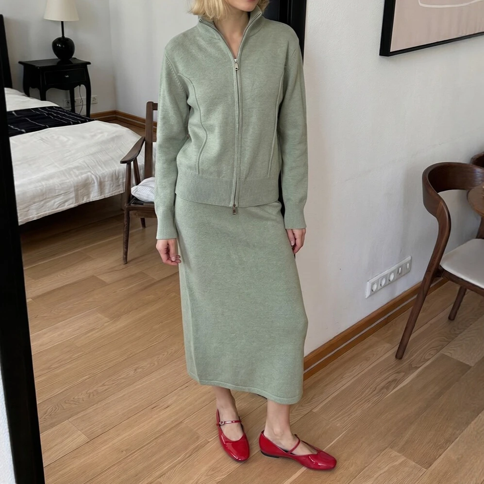 Damen Zweiteiler-Set, Rock-Set, Langarm-Reißverschlussjacken, Strick-Lange Röcke, A-Linie, Hohe Taille, Y2k Streetwear, Elegante Arbeitskleidung für den Herbst