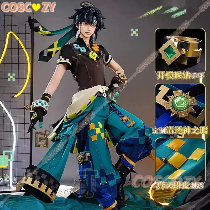 Genshin Impact Alta Qualità Kinich Costume Cosplay Parrucca Turnfire Hunt Uniforme Orecchino Adesivo Huitztlan Natlan Costumi di Halloween