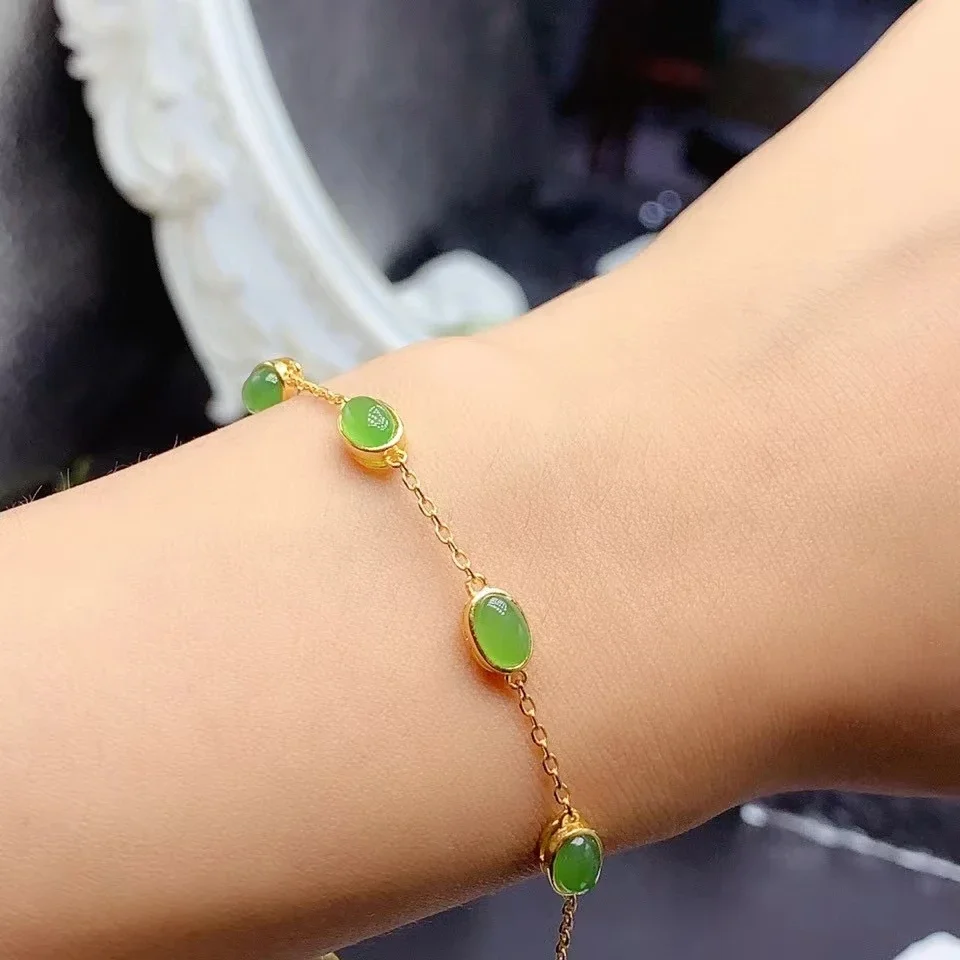 Pulseira de jade de prata 925 fina para férias, verde natural, chapeamento de ouro 18k, 4mm * 6mm, 3.5ct total, moda