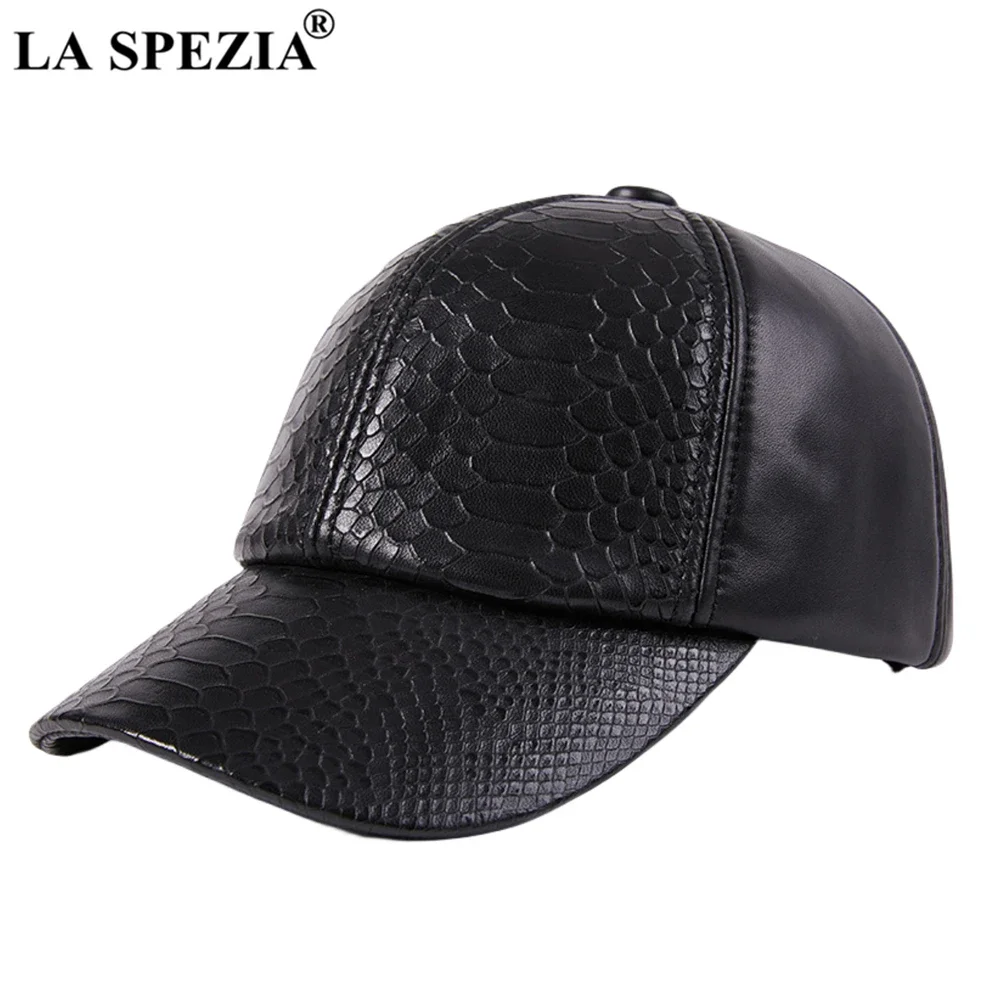 

LA SPEZIA Black Baseball Cap Real Leather Winter Cap Man Genuine Sheepskin Alligator Print Dad Hat for Men Accessories