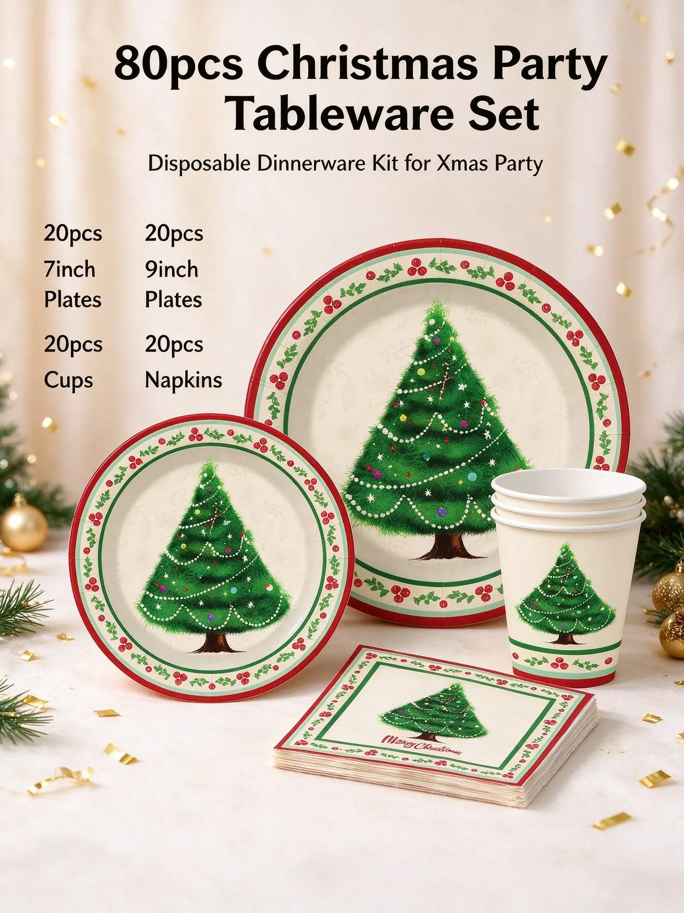 10Pcs Optional Christmas Tree Disposable Paper Tableware Set, Plates Cups Napkins, Xmas Party Supplies