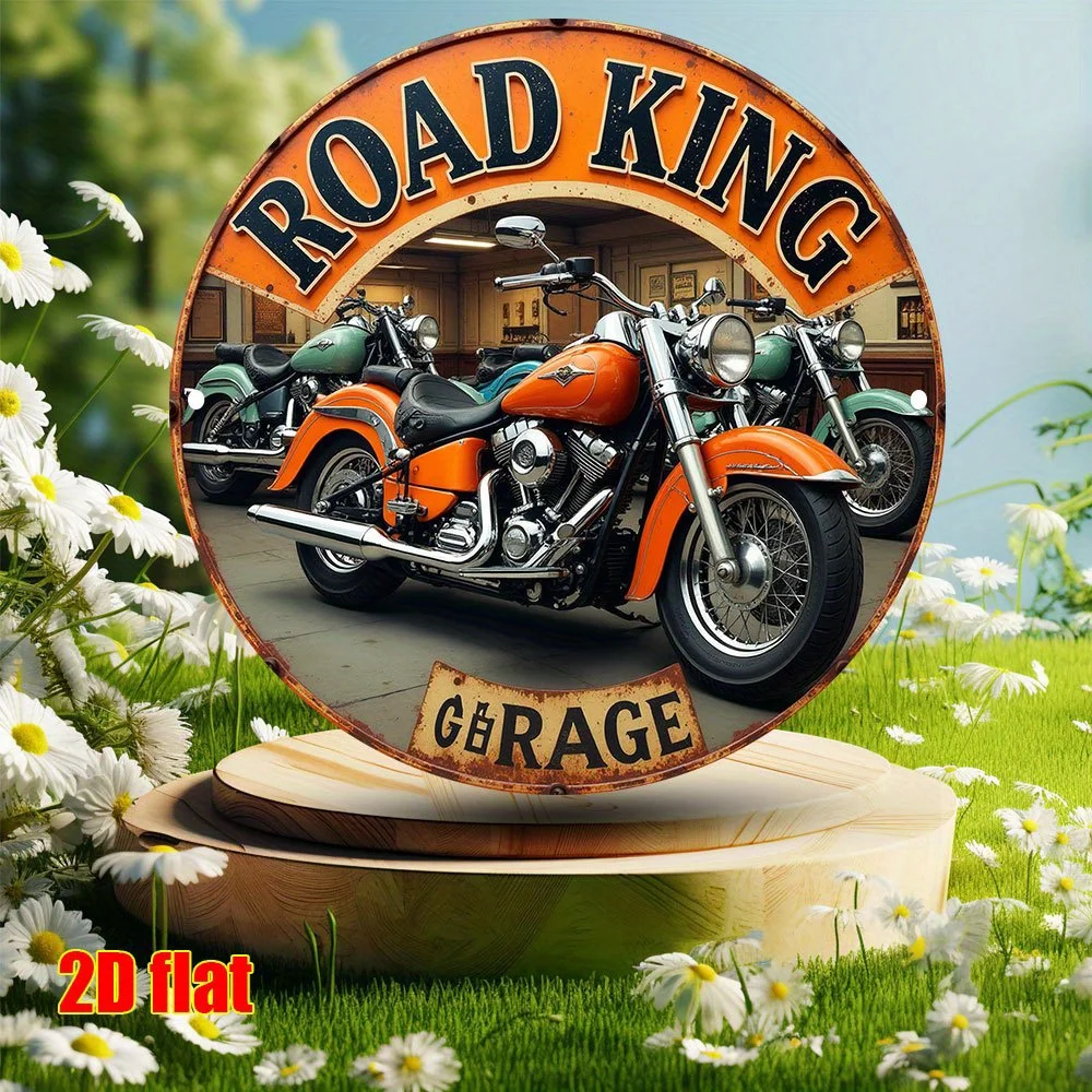 2D plat, 1 pièce d'art mural de garage de moto vintage – panneau de garage rétro avec design Road King et G-Rage, orange/noir/vert