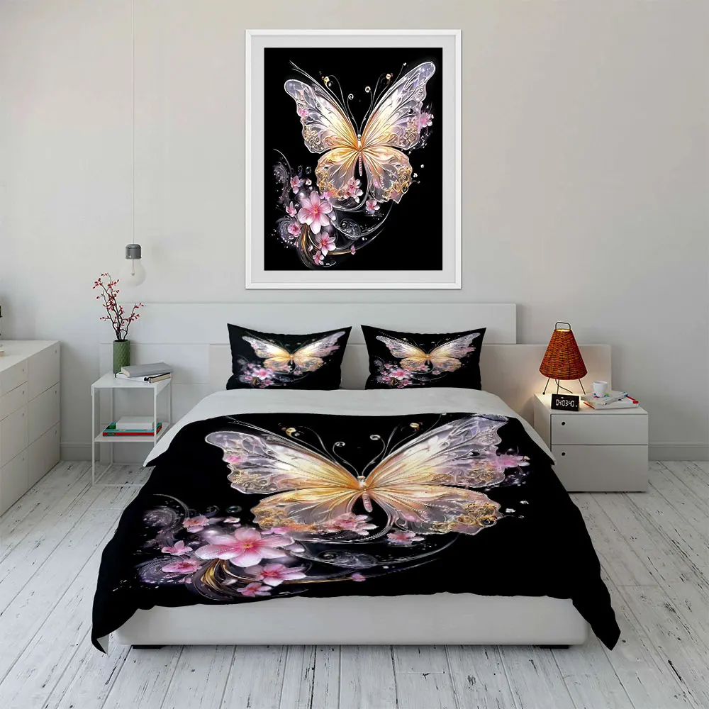 Sparkling Butterfly with Pink Flowers Duvet Cover Set with 3D Printing Design Soft Polyester Bedding Set All-Season Comfort