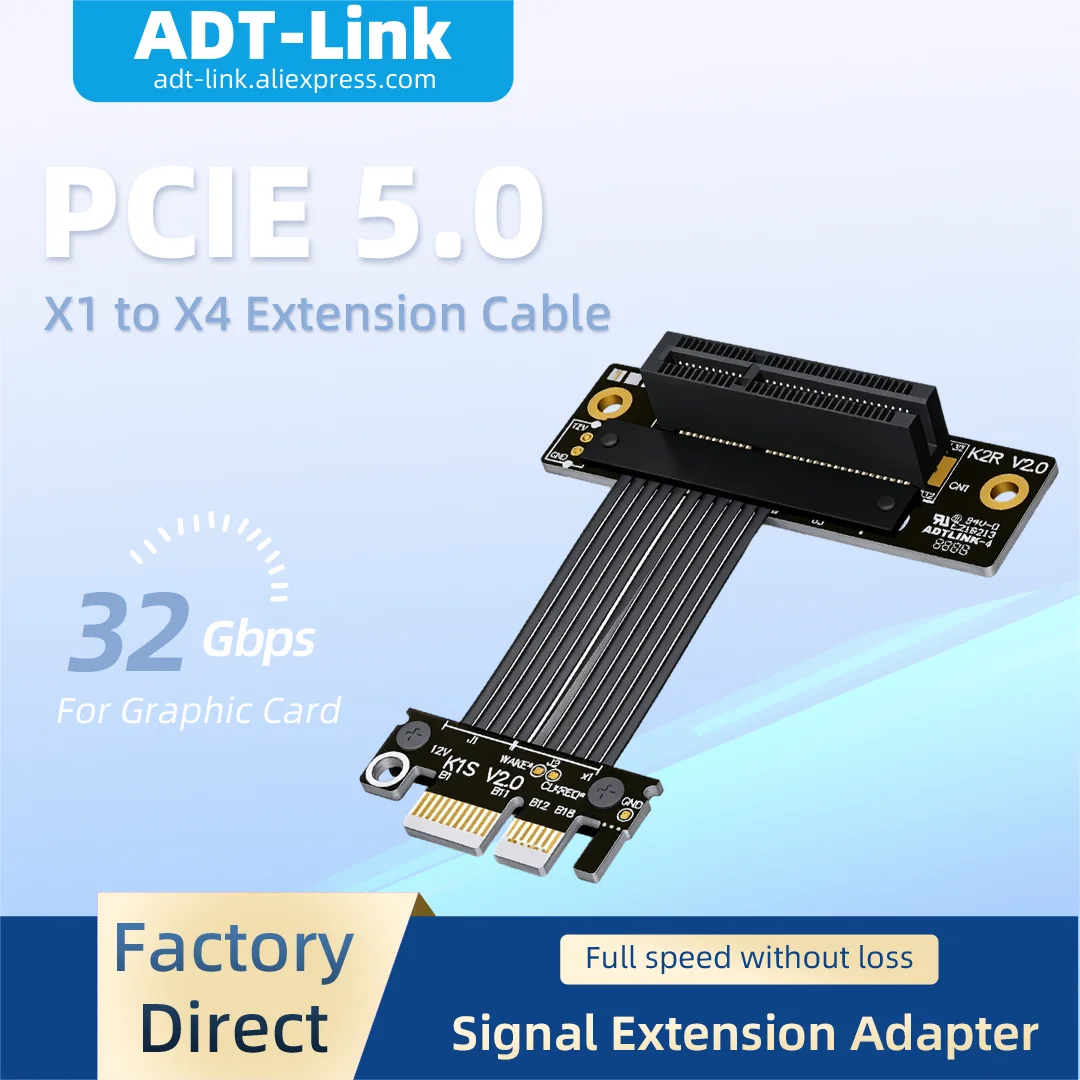 ADT-Link 32Gbps PCIe 5.0 X4 to X1 Riser Cable Dual Right Angle Adapter Support Network Card Hard Drive Expansion Cable Gen5
