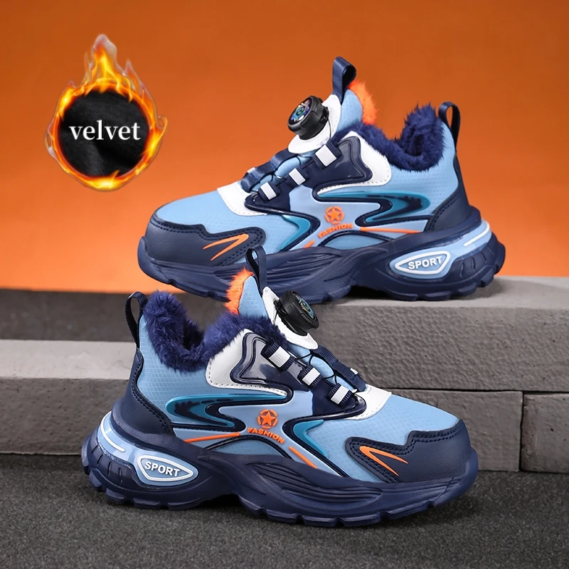 

Зимние плюшевые детские кроссовки, уличные теплые бархатные детские кроссовки, кроссовки для мальчиков, модная детская спортивная обувь с вращающейся пряжкой