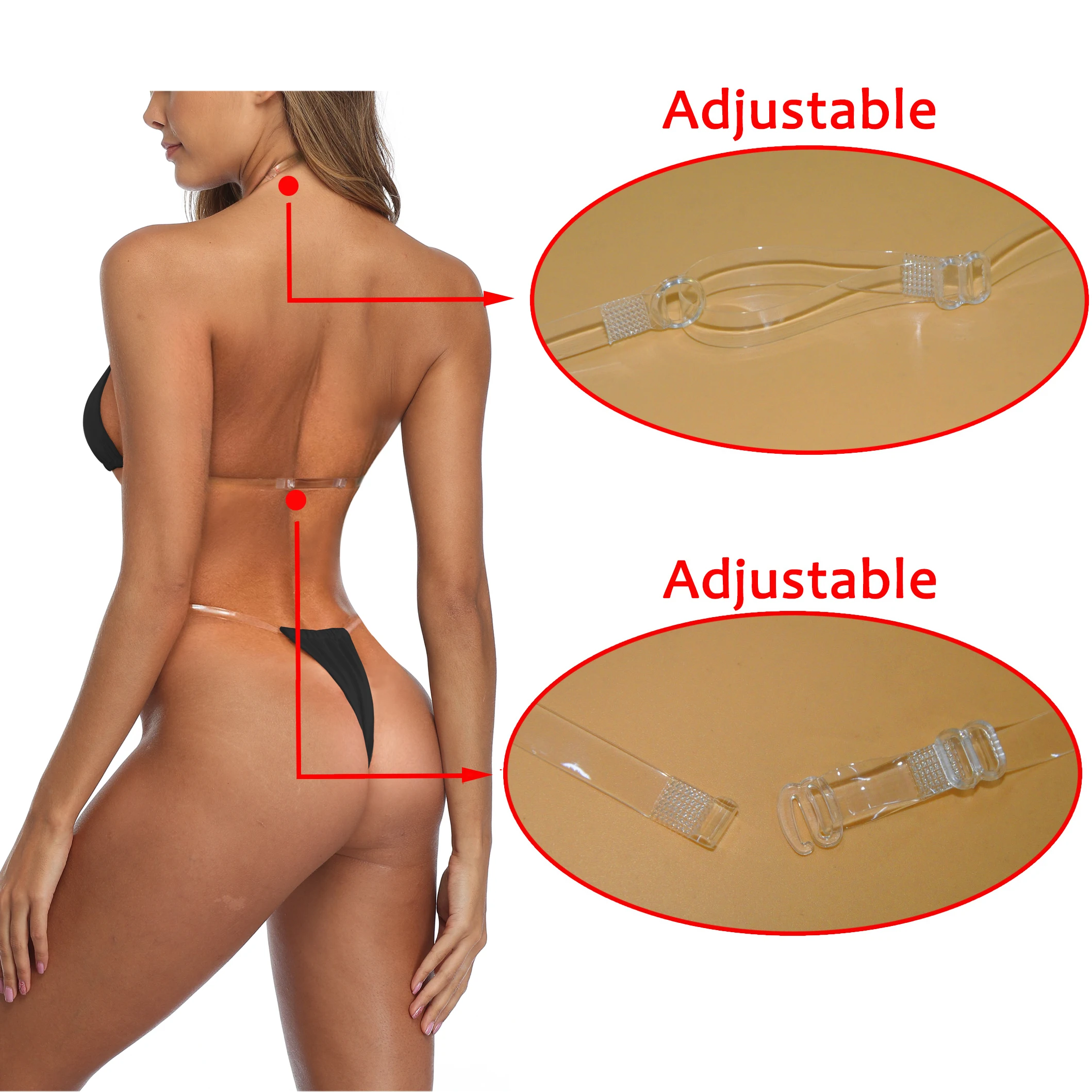 SHERRYLO Micro Thong Bikini Clear Straps Cheeky Brazilian Thongs Bikinis Swimsuit for Women Sexy No Tan Line String Bathing Suit