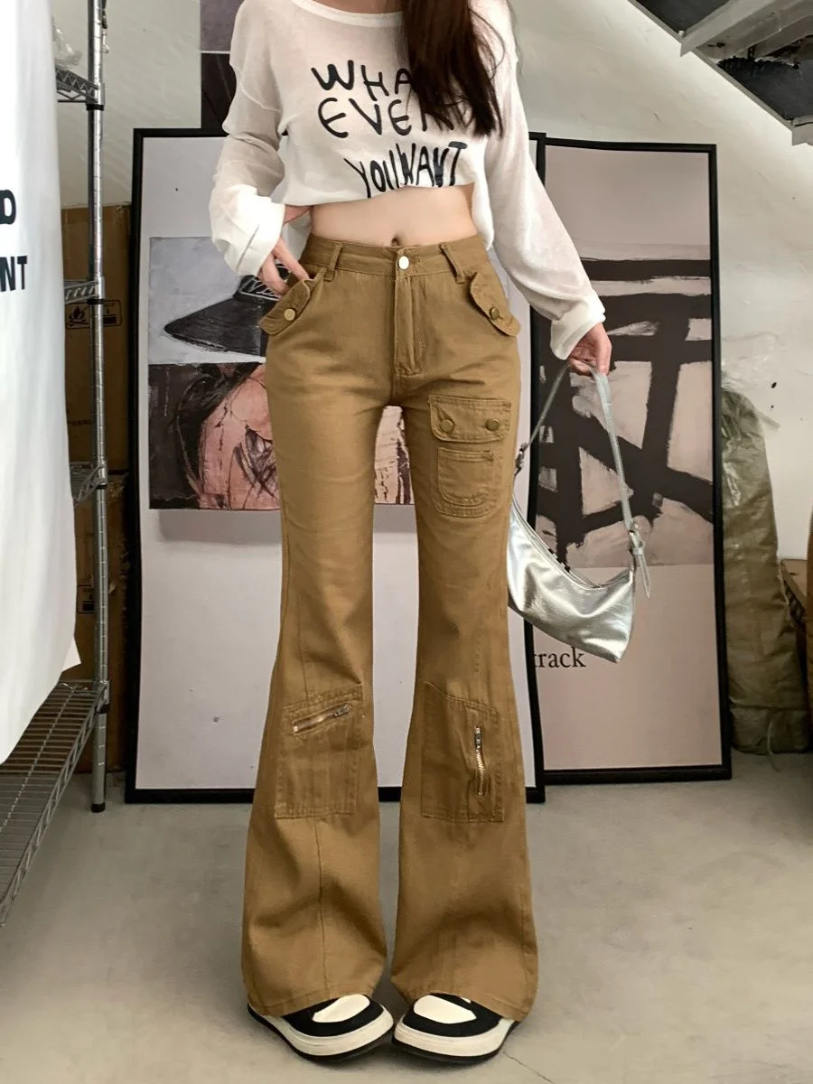 Y2K 美的ブラウンスプライスフレアジーンズ女性ハイウエストストリートカーゴジーンズパンツヴィンテージデニムパンツグランジ Pantalones